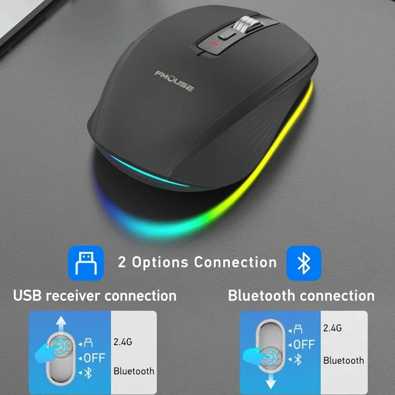 Dual Mode Rechargeable Bluetooth 2.4G Wireless Mouse RGB Mute Mouse For Windows Mac IOS Android Laptop Tablet Phone PC Vue