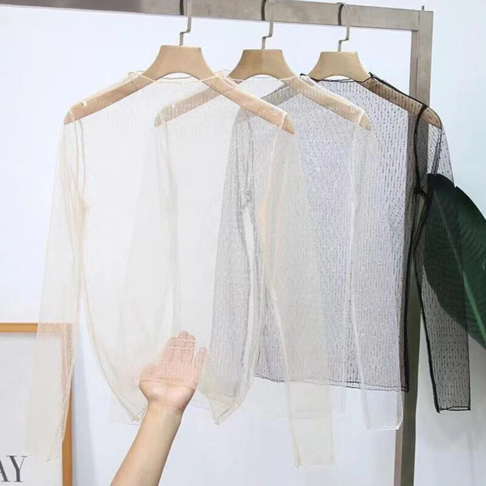Women Mesh Sheer Long Sleeve T-shirt Tops Ladies Summer Beach See