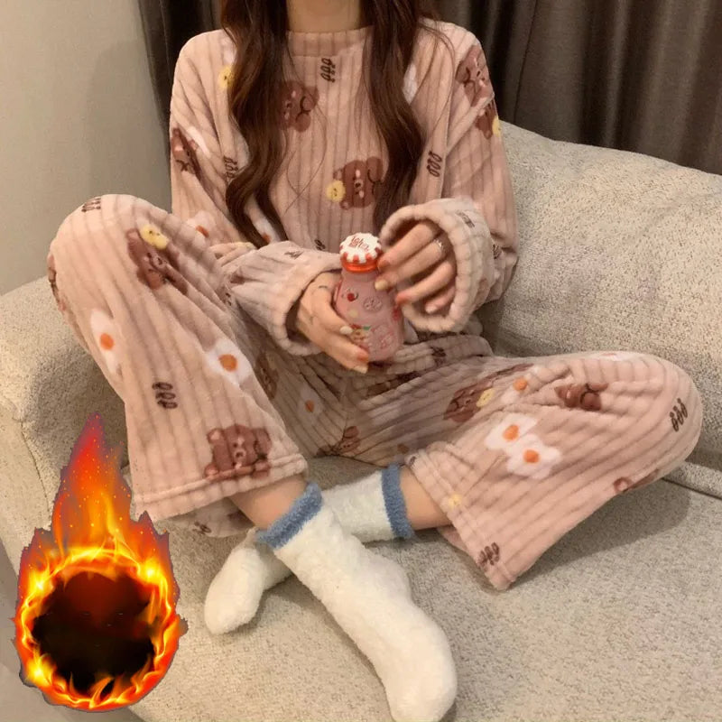 Womens Cozy Coral Fleece Pajama Set with Bear Print Long Sleeve Top and Elastic Waist Pants for Winter Sleep Home Lounging Gift Vue