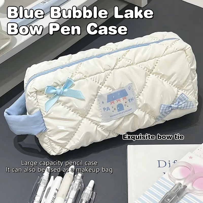 Blue White Bow Pencil Case Large Capacity Cute Stationery Bag Girls Cosmetic Travel Storage Bag Vue