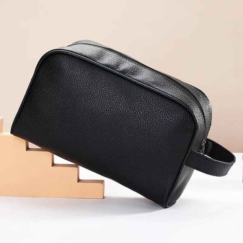 New Men Travel Cosmetic Bag Large Capacity Zipper Makeup Bags PU Leather Travel Toiletry Bag Cosmetics Organizer Storage Pouch Vue Black