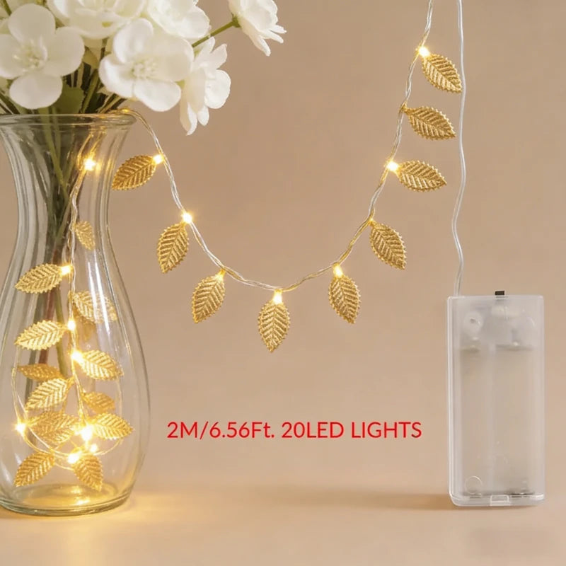 20LED Golden Tiny Leaves Copper Wire String Lights Battery Powered Fairy Lights for Home Wedding Party Christmas DIY Decoration Vue