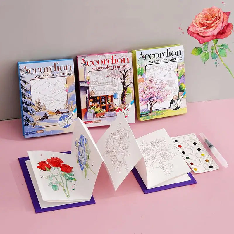 Portable Watercolor Coloring Book for Kids Foldable Art Drawing Sketch Pad Graffiti Notebook for Educational Travel Activities Vue