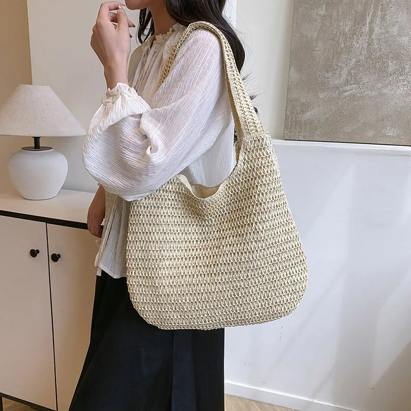 Solid Woven Tote Bag Hollow Out Breathable Shopping Straw Lightweight