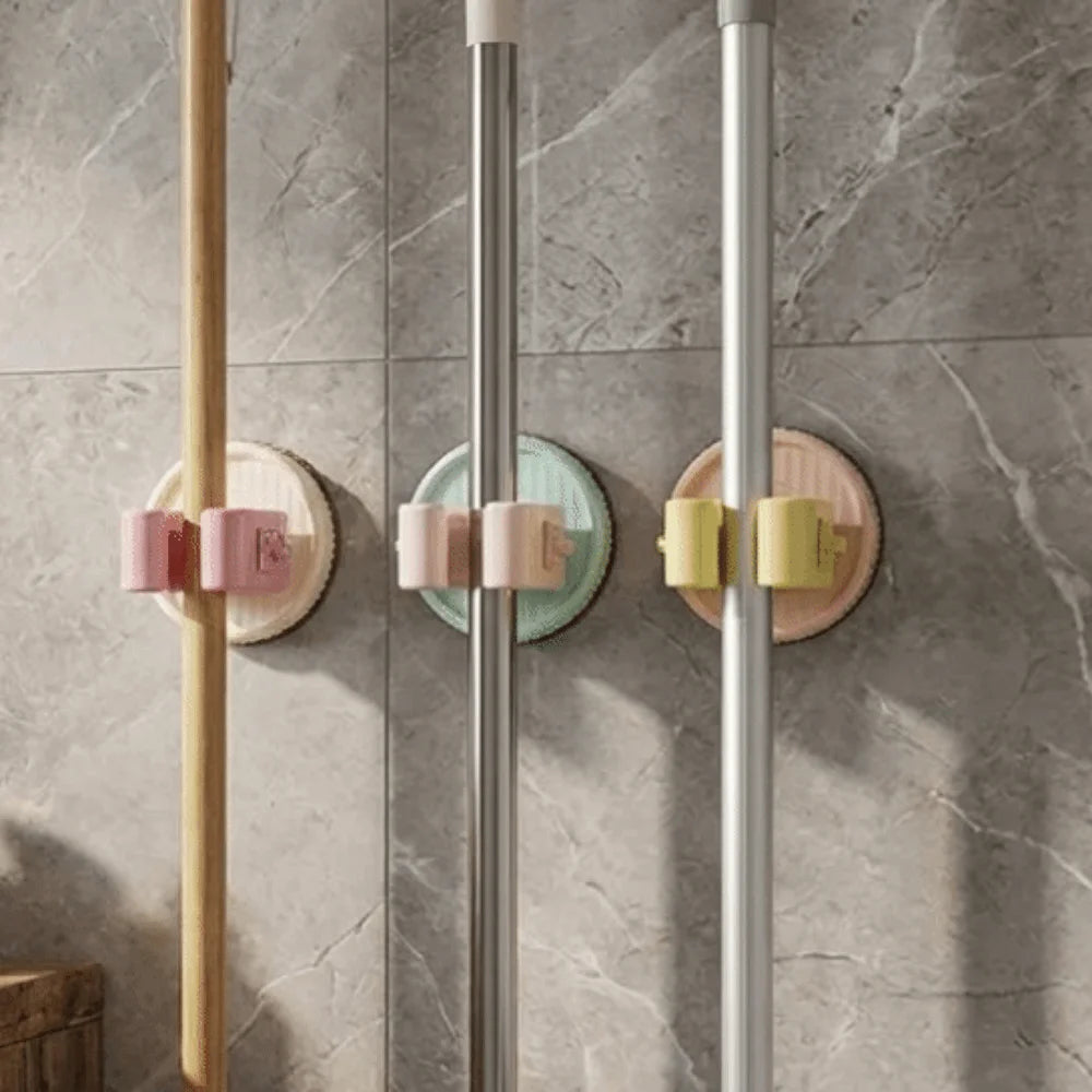 3PCS Plastic Suction Cup Mop Holder Space Saving Wall Mounted Mop Storage Rack Waterproof Broom Storage Brackets Living Room Vue