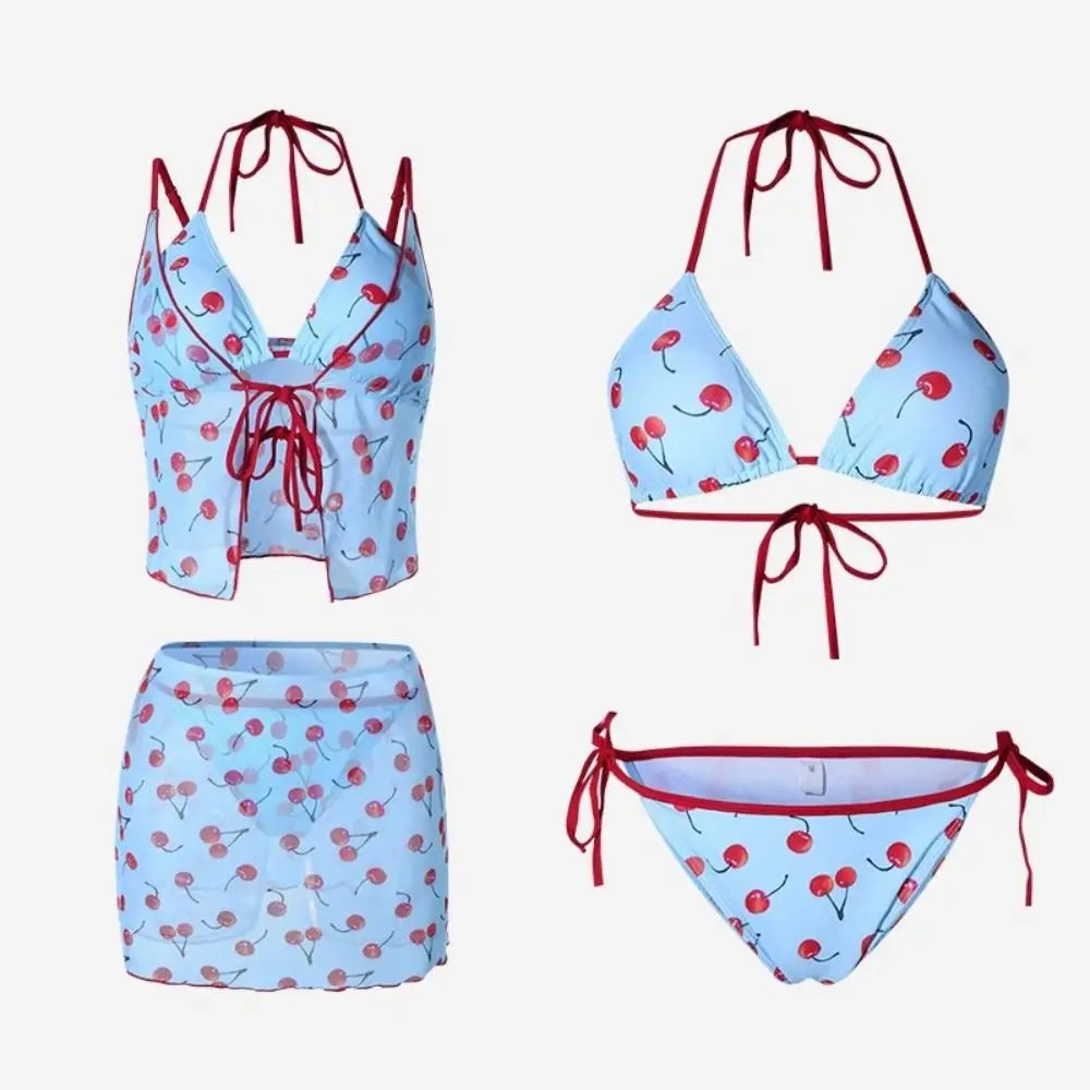 Pure Desire Pure Color Cherry Bikini Set V Neck Push Up Four Piece Set Wrap Skirt Print Pattern Sexy Swimwear Korean Style Vue