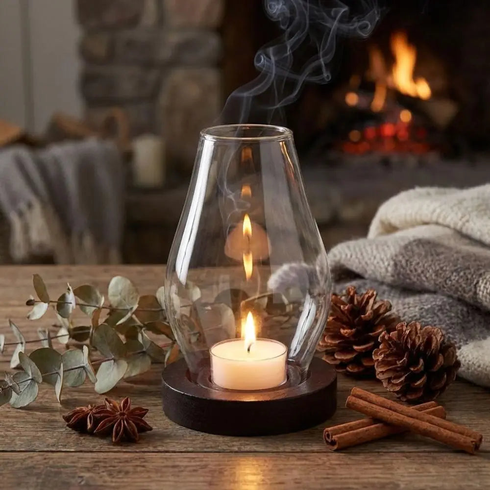 Windproof Glass Candle Holder Transparent Vintage Style Candle Cup Cover Heat-resistant Solid Wood Base Incenses Stove Lamp Vue