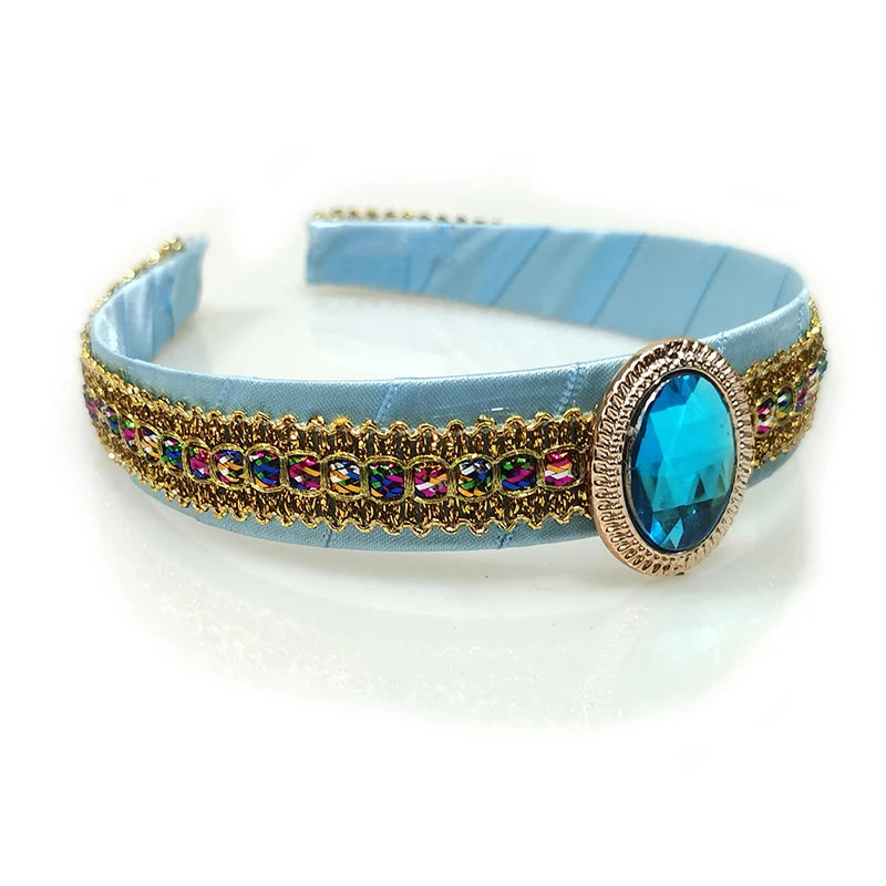 1PCS Girls Jasmine Blue Headbands Large Crystal Children Headwear Arabian Princess Hair Bands For Cosplay Party Hair Accessories Vue A3