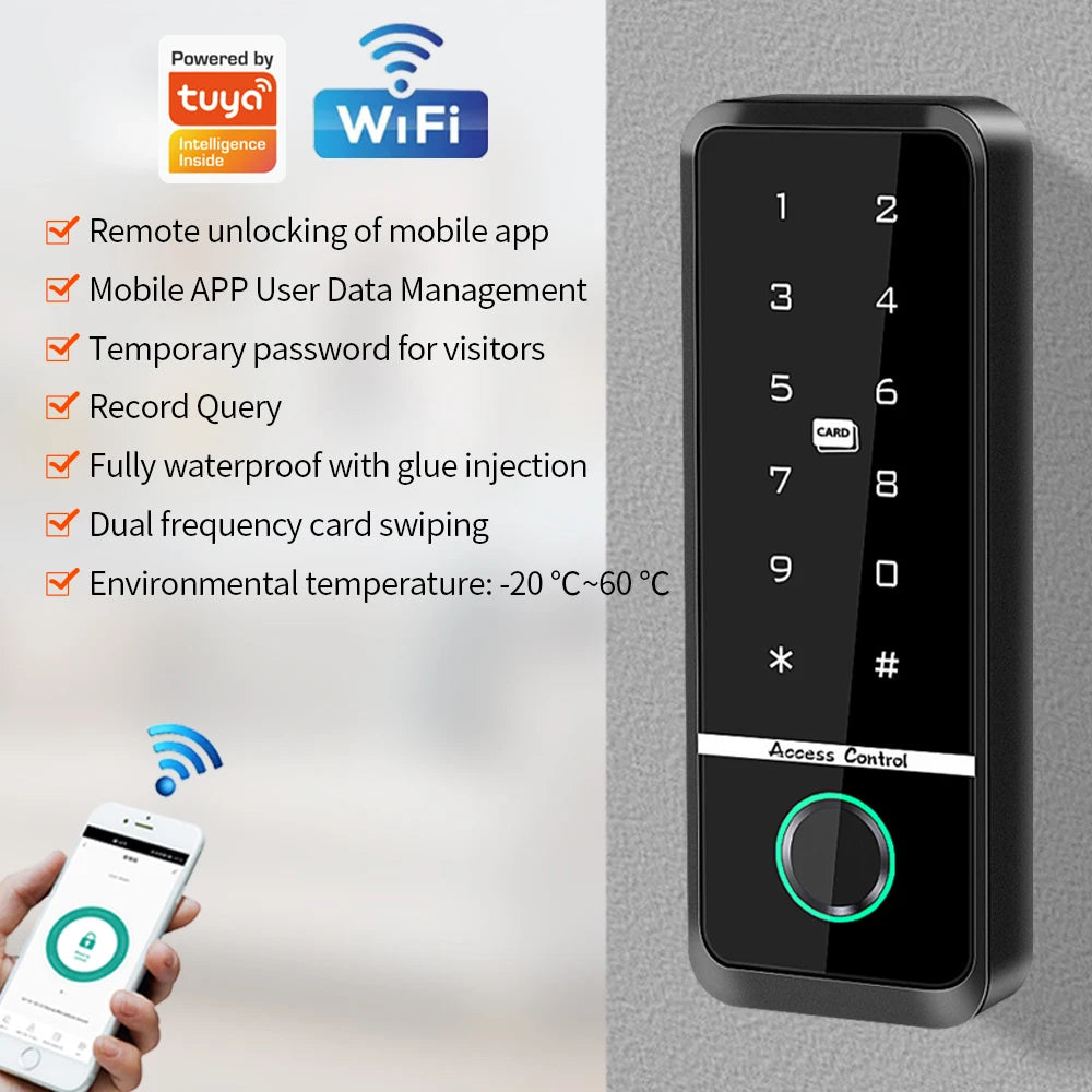 WIFI RFID Keyboard Fingerprint Card Reader Controller Keyboard Waterproof Door System Remote Control Support Tuya App Vue