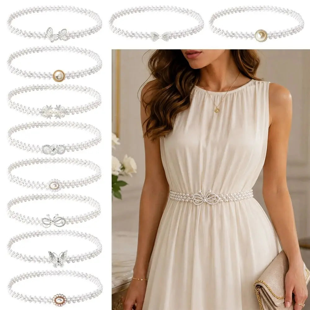 Pearl Beads Waist Chain Stretch Elastic Band Thin Narrow Waistband