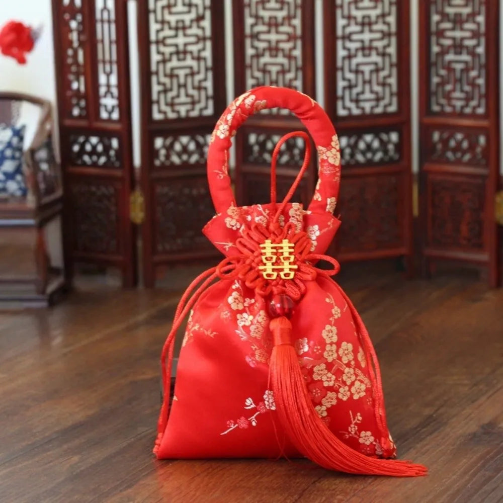 Chinese Style Canvas Flower Drawstring Bag Dragon Phoenix Chinese Knot Tassel Handbag Storage Bag Large Capacity Vue
