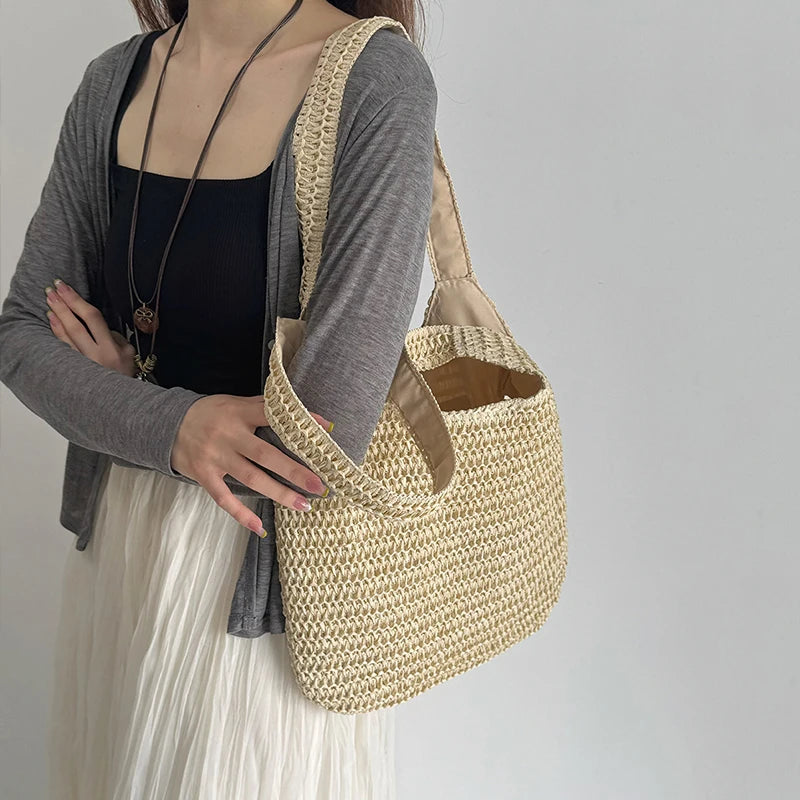 Fashion Rattan Women Shoulder Bags Woven Female Handbags Large