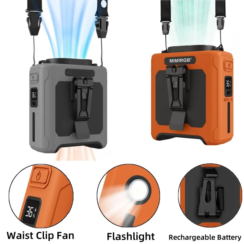 USB Rechargeable Fan Small Outdoor Camping Waist Fan with Power Bank LED Light for Emergency Sports Outdoor Working Vue