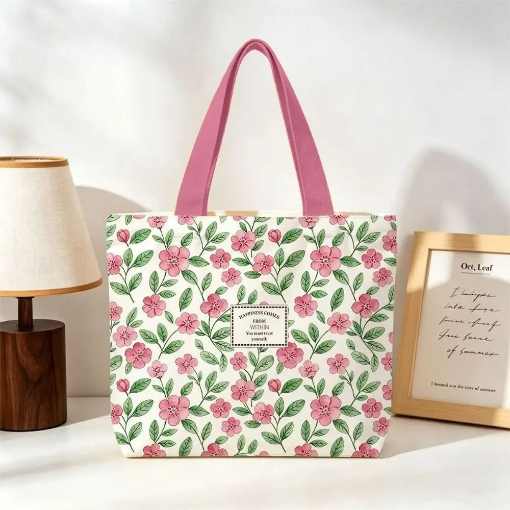 Durable Canvas Tote Bag Open Floral Lemon Print Commute Large