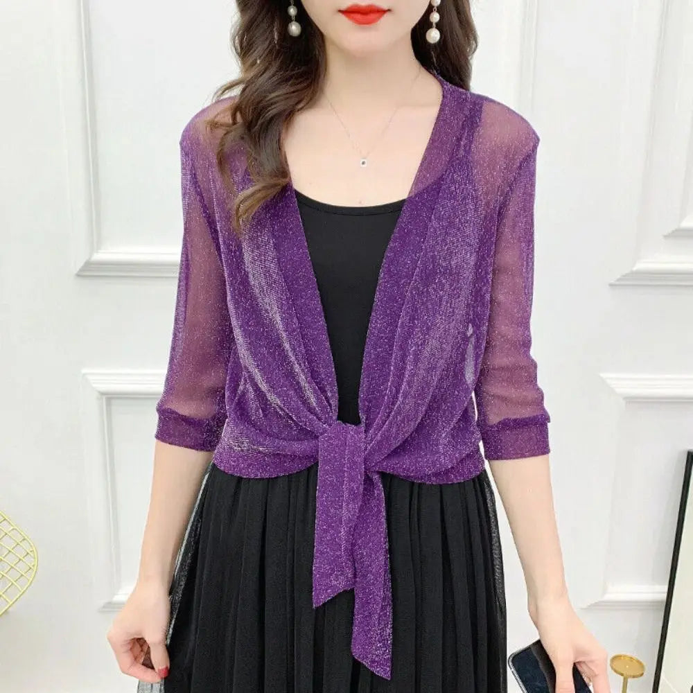 Glitter Tie Up Open Front Shrug Ladies Shawl Cropped Beach Summer Sun Vue Purple