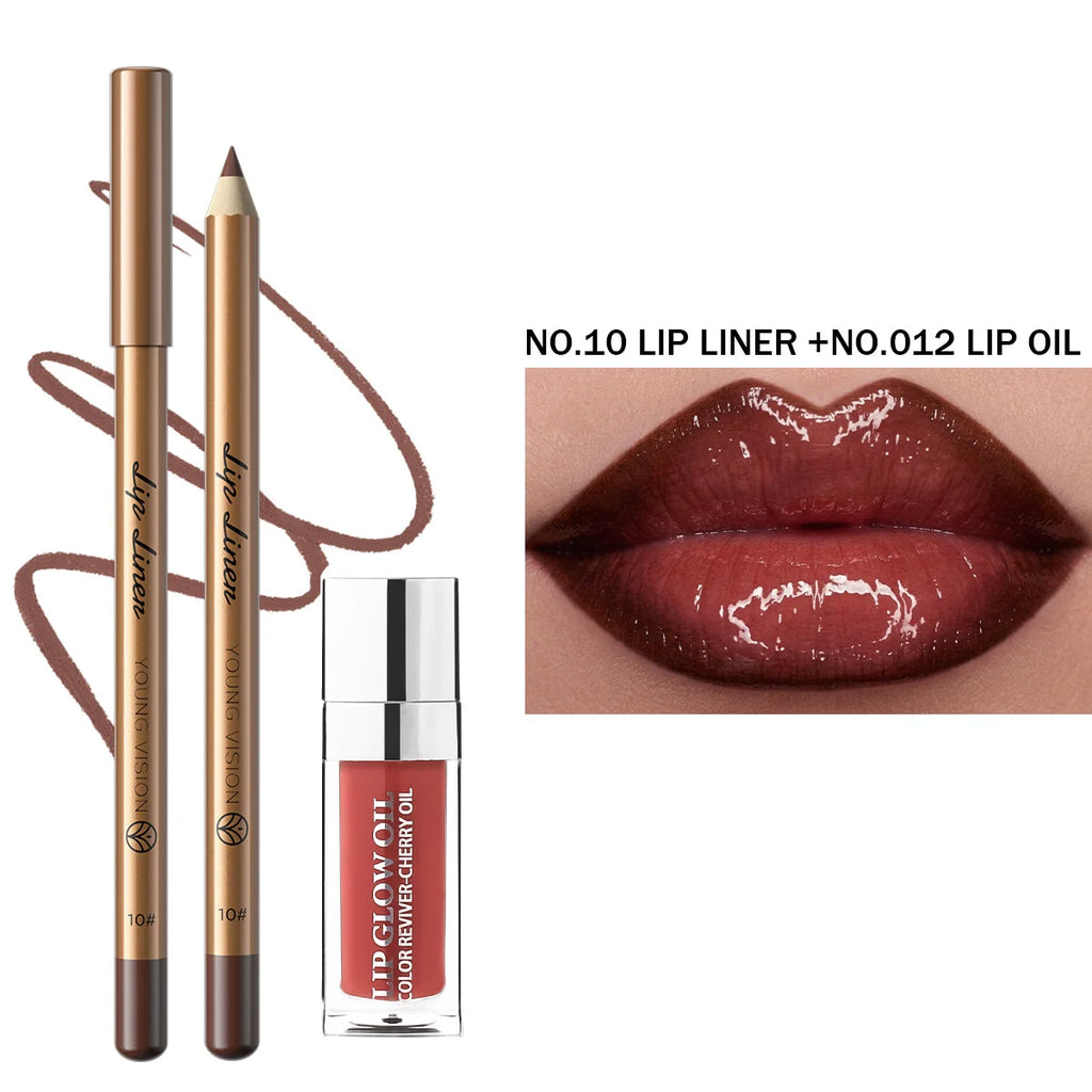 2Pcs Velvet Matte Lip Liner & Tinted Lip Oil Set – Red Brown Shades, Hydrating Natural, Waterproof & Long-Lasting Lip Kit Vue 30926-10
