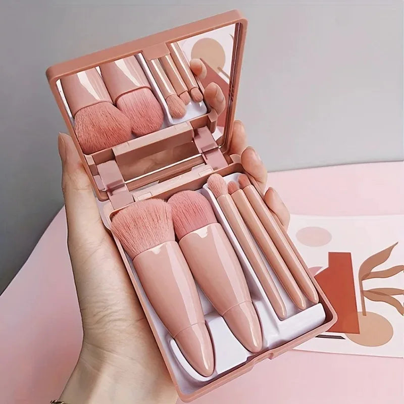 Mini Square Makeup Case with 5 Brushes, Mirror, Mini, Multi-functional, Portable Small Set, Loose Powder Brush, Foundation Brush Vue