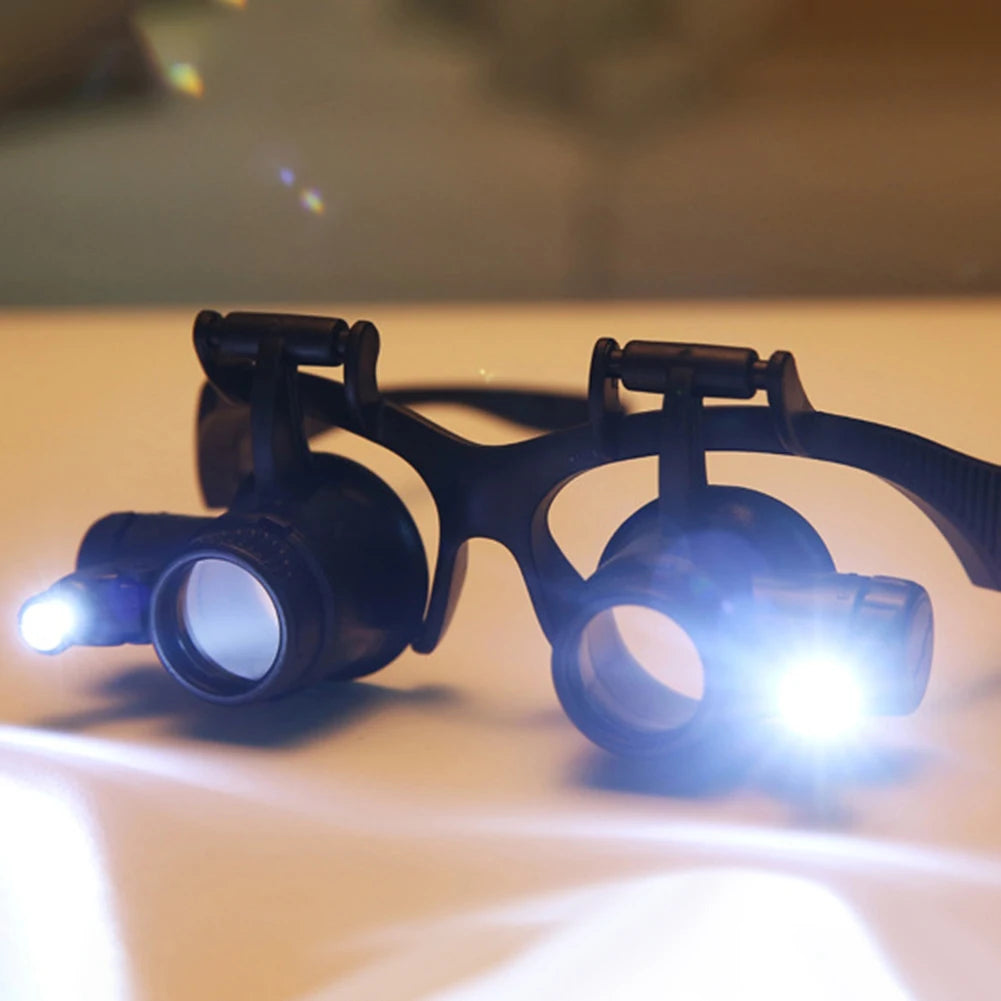 10-25X Head-Worn Magnifier with LED Lights Jewelry Antique Clock Repair Tool Adjustable Headband Glass (Battery Not Included) Vue