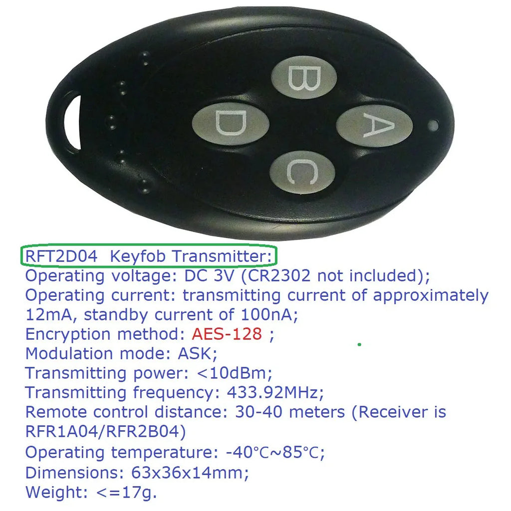 RFR2B04+RFT2D04 DC12V 4 Channel 433M AES Encryption Controller 128 Bit Remote Control Keyfob Transmitter Module for Garage Door Vue