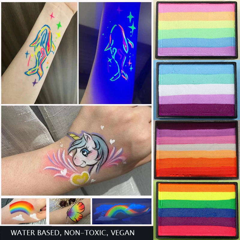50g Split Cake Rainbow Face Paint Water Based UV Neon Pastel Aqua Liner For Kids Carnival Holiday DIY Makeup Vue