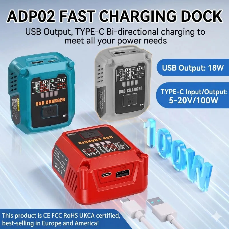 100W Fast Charging Station with USB Type-C Port Charging for Makita/DL/Milwaukee/Bosch 18V/20V Batteries Portable Power Inverter Vue