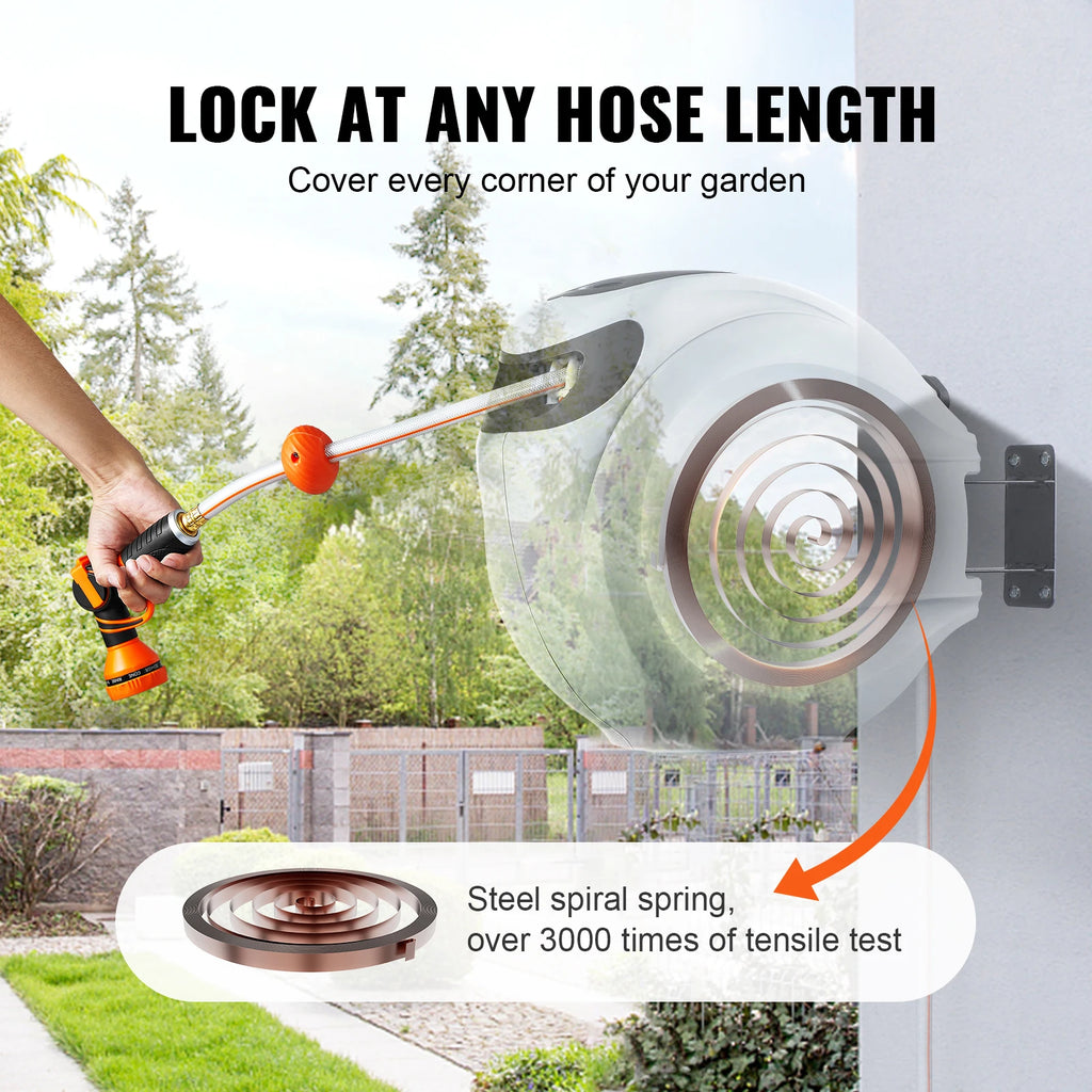 Retractable Wall-Mount Garden Hose Reel 84ft | 9-Pattern Nozzle Garden Hose Reel Vue