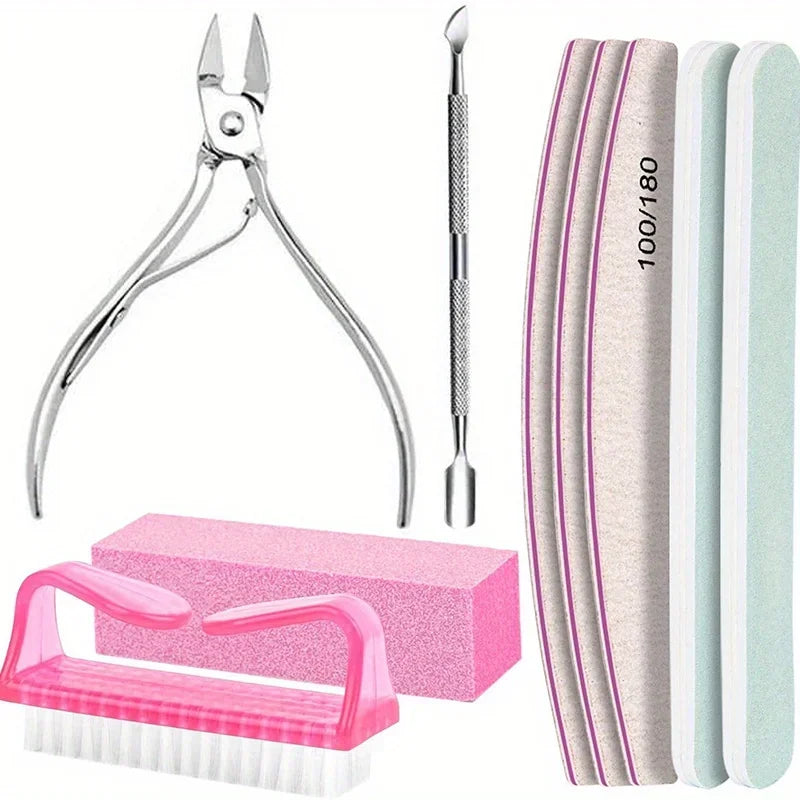 9Pcs/lot Nail Art 100/180 Grit Professional Files Buffer Sponge Block Brush Nail Scissors Kit With Cuticle Nipper Pushers Manicu Vue style7