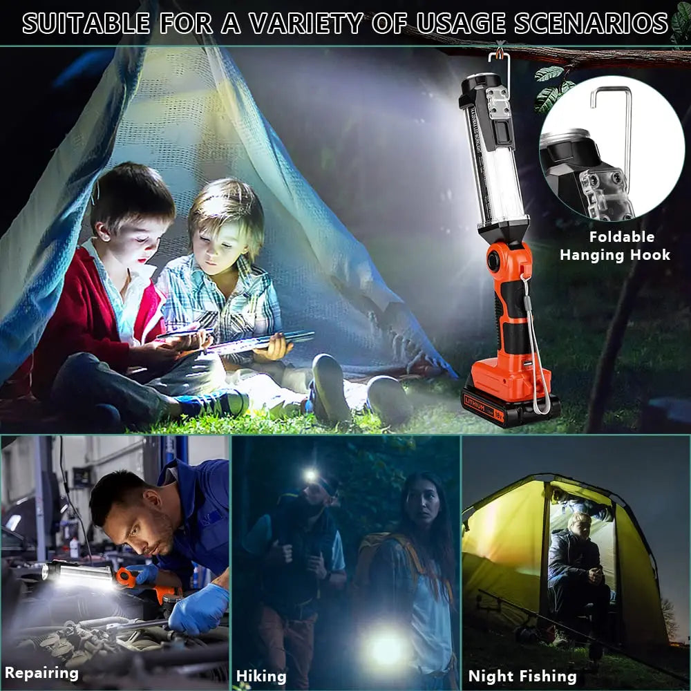 Rechargeable Battery LED Work Light Outdoor Flashlight Portable Camping Light for Black & Decker 20V Li-Ion Battery with Hook Vue