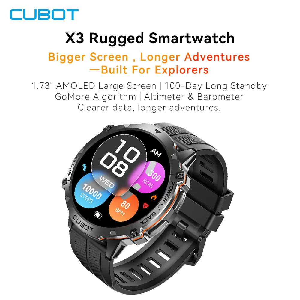 Cubot X3, Sport Waterproof Smartwatch, 1.73-inch AMOLED Display, Bluetooth Calls, 900mAh Battery, Blood Oxygen, Fitness Tracker Vue