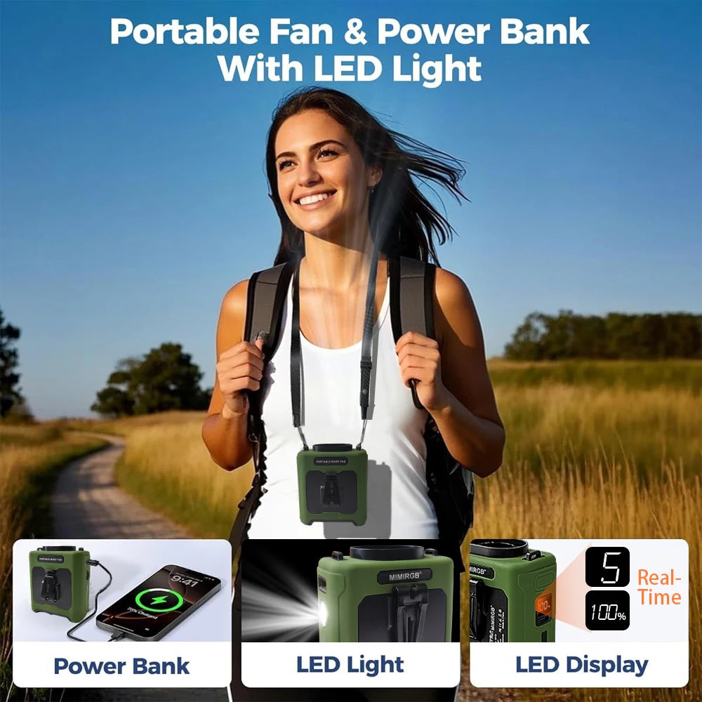 10000mAh Portable Outdoor Waist Fan Hanging Neck Strong Wind LED Lighting Outdoor Emergency Power Supply Suitable Outdoor Work Vue