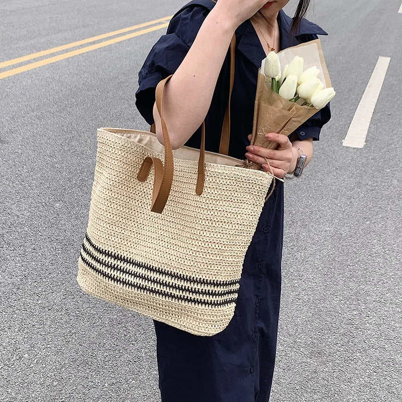 Vintage Straw Rattan Woven Bags Handmade Summer Beach Ladies Large