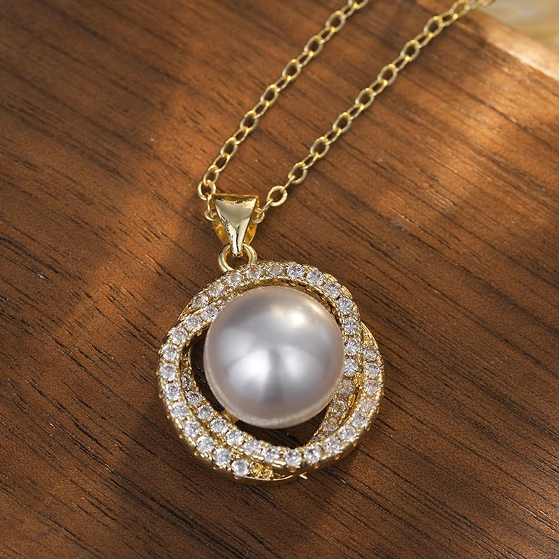 Huitan Gold Knot Pendant Necklace – Pearl & CZ Women's Jewelry Pendant Necklace Vue