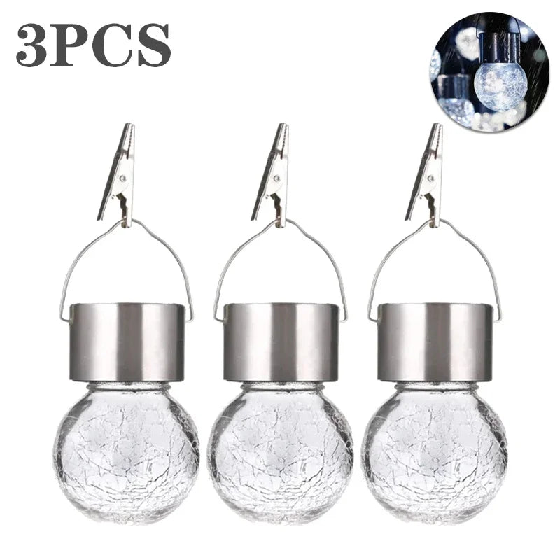 1/3/5PCS Solar Powered Outdoor Hanging Lights Colorful LED Cracked Glass Ball Design Waterproof Pathway Lantern for Garden Decor Vue White-3PCS