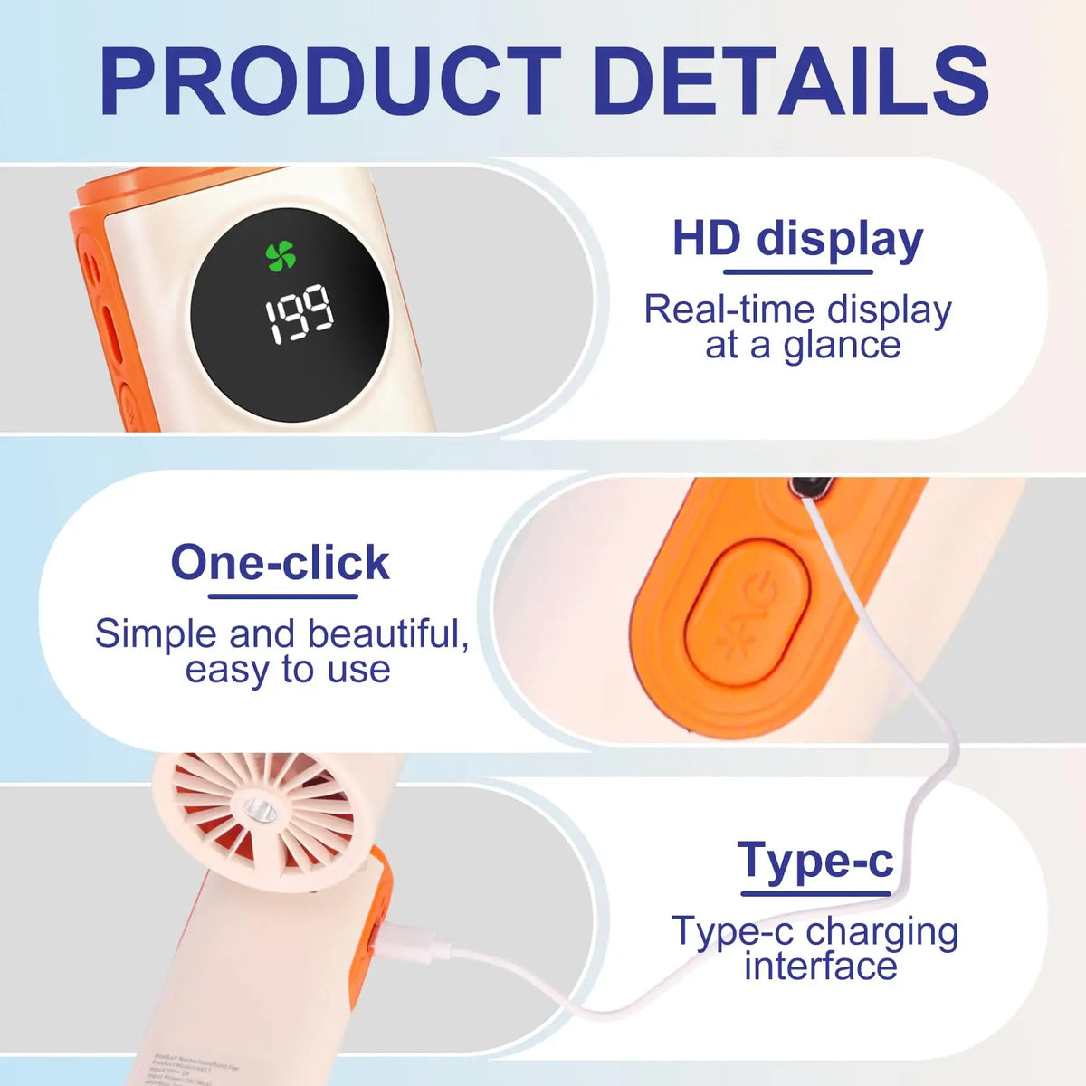 Portable Small Fan Powerful Handheld Fan with Cold Compress 0-199 Speed USB Rechargeable Travel Camping Outdoor Vue