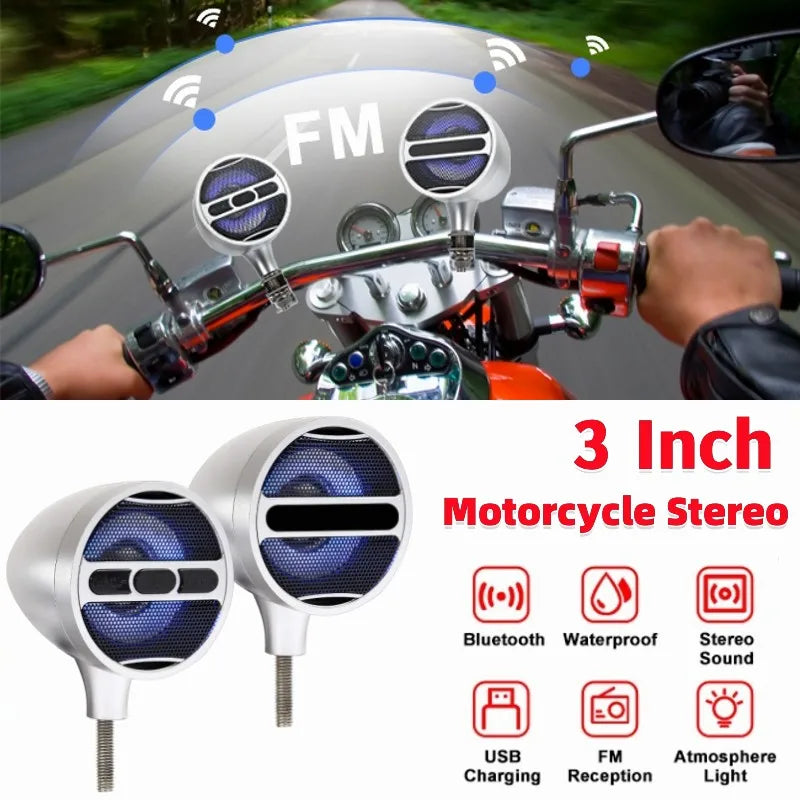 1Pair 3 Inch Motorcycle Stereo Motorbike Bluetooth Speaker Audio MP3 FM Radio with LED Atmosphere Light Vue