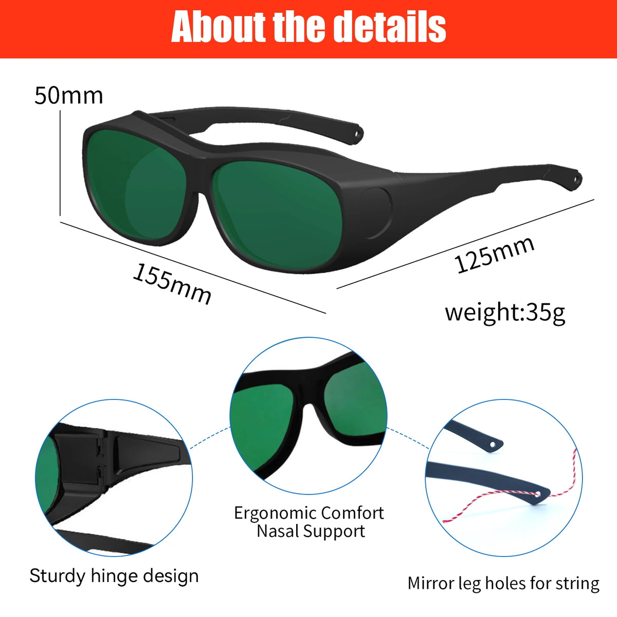 Laser Goggles ANSI Z87.1 Approved OD7+ 800-1100nm Impact-Resistant PA Frame Laser Lenses for High Power Fiber Laser Cutting Vue