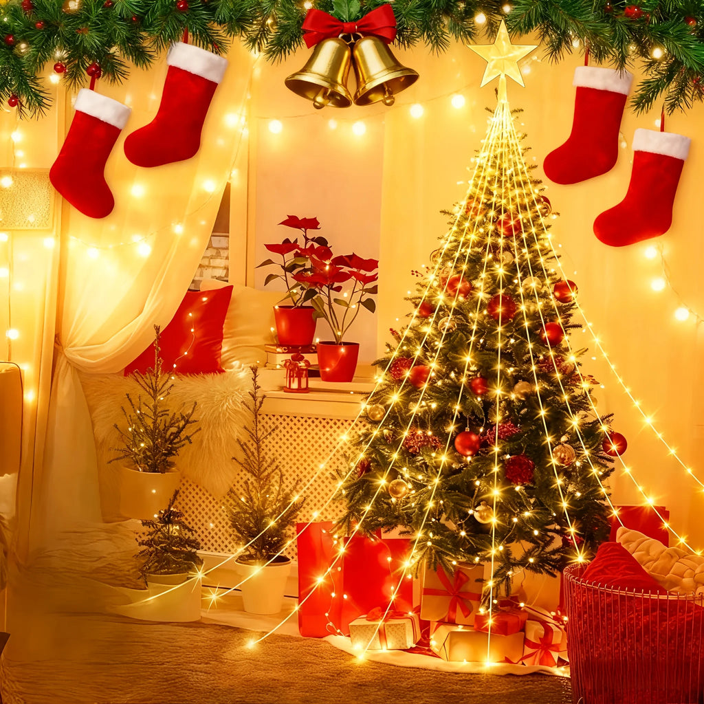 LED Christmas Star Waterfall Lights, USB Powered with 8 Modes&Remote, Indoor/Outdoor for Christmas Tree, Garden, Curtain, Party Vue
