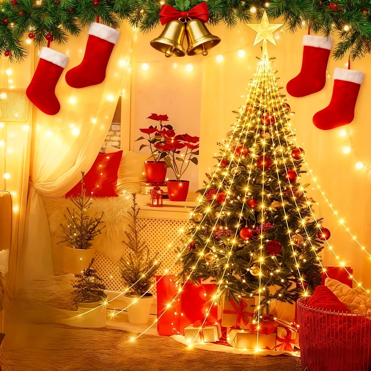 LED Christmas Star Waterfall Lights, USB Powered with 8 Modes&Remote, Indoor/Outdoor for Christmas Tree, Garden, Curtain, Party Vue