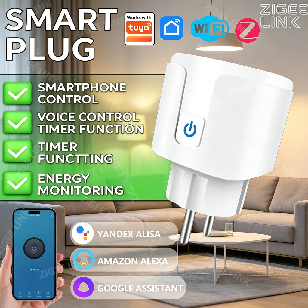 Smart WiFi or ZigBee 3.0 Socket EU Plug 16A/20A Outlet Power Monitor Voice Control work with Tuya Alexa Google Assistant Vue