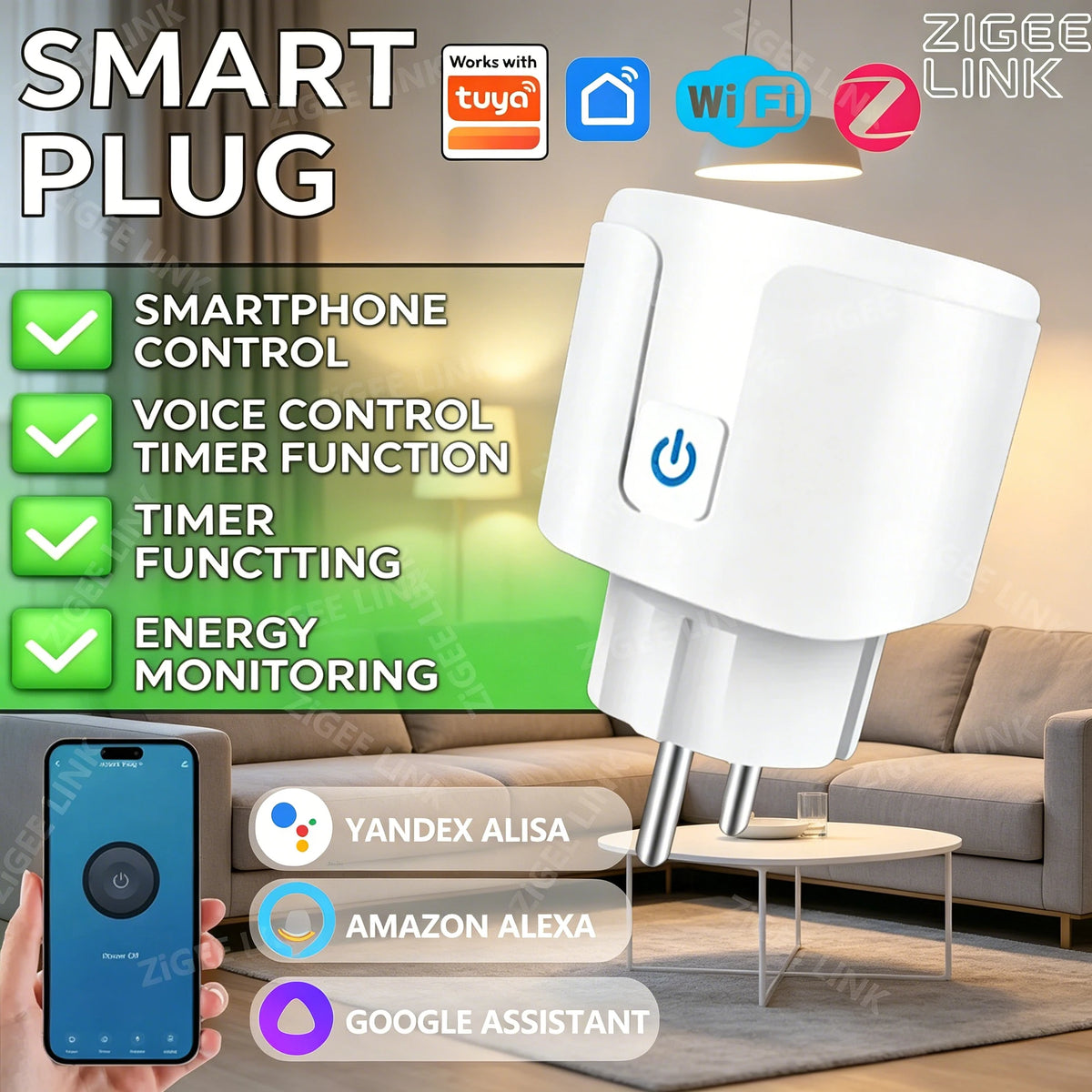 Smart WiFi or ZigBee 3.0 Socket EU Plug 16A/20A Outlet Power Monitor Voice Control work with Tuya Alexa Google Assistant Vue