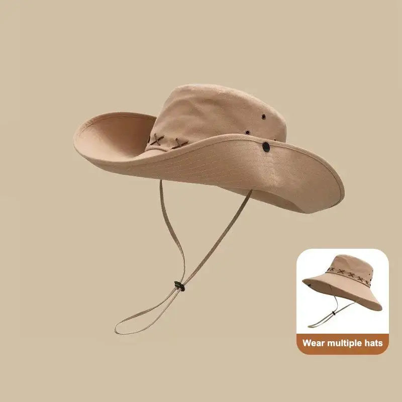Breathable Western Cowboy Hat Solid Color Adjustable Wide Brim Sun Hat Outdoor Mountaineering Fisherman Sunshade Cap Travel 1PC Vue Khaki
