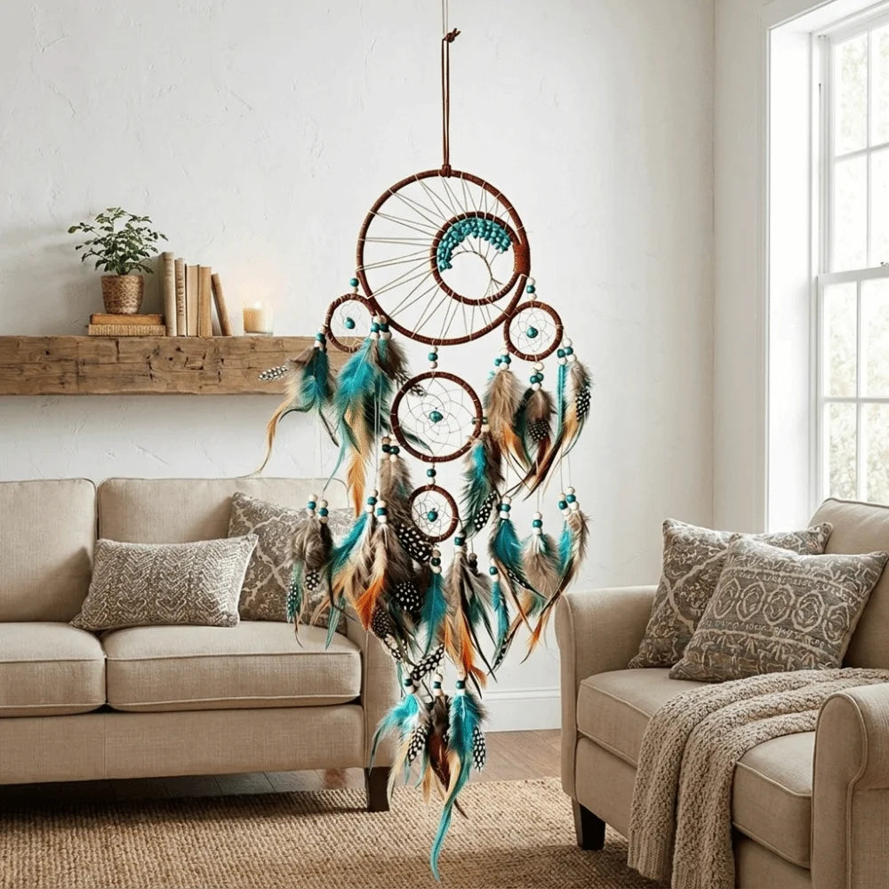Hanging Pendant Boho Style Vintage Dream Catcher Handmade Decorative Vintage Wind Chime with Feather Hanging Ornament Home Vue