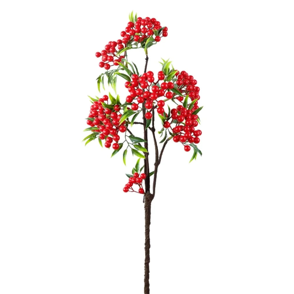 Green Leaves Artificial Foam Berries Branch Faux Good Luck Fruits Plastic Artificial Berries Fruit Luxury Elegant Fake Plants Vue Red L