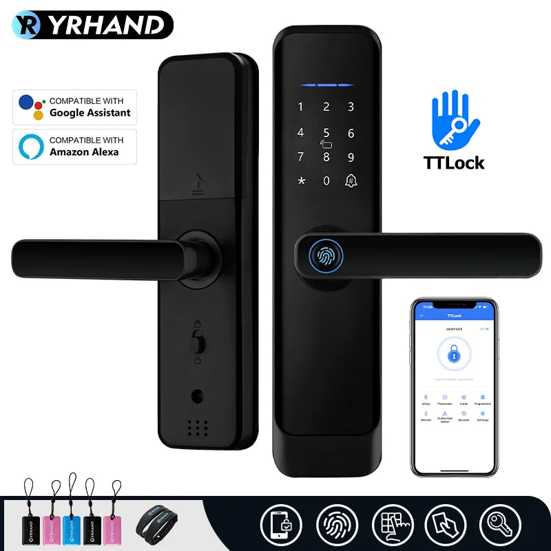 YRHAND Matt Black Fingerprint Door Lock TTLock App Code Card Key Smart Door Lock Security Digital Electronic Lock For Home Vue