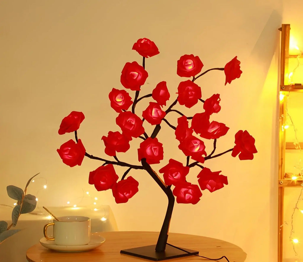 24 LED Red Rose Tree Lights Table Lamp Fairy Flower Night Light for Home Party Christmas Wedding Bedroom Decoration Gift Vue