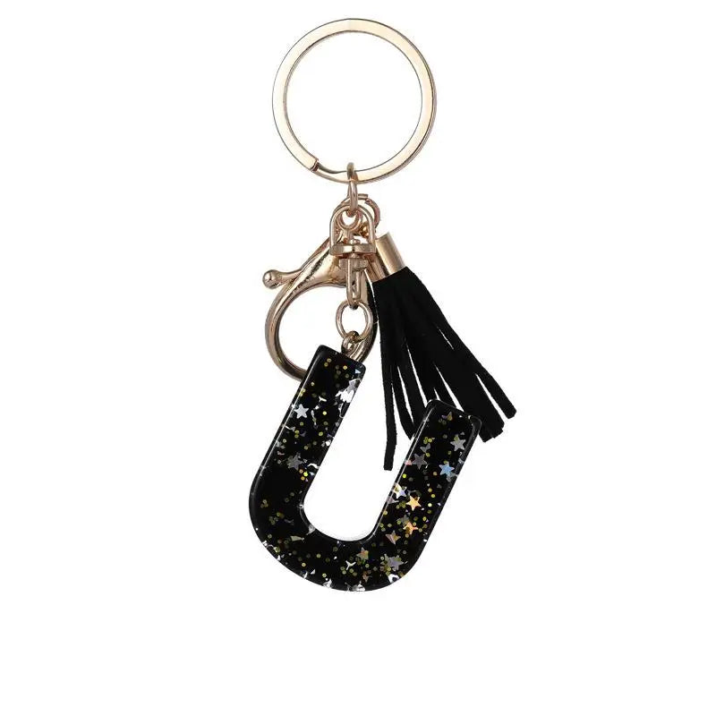 Black Glitter Star Sequins Resin 26 Letters Keychain Initials A-Z Keyring Tassel Charm Accessories Backpack Hanging Decoration Vue U