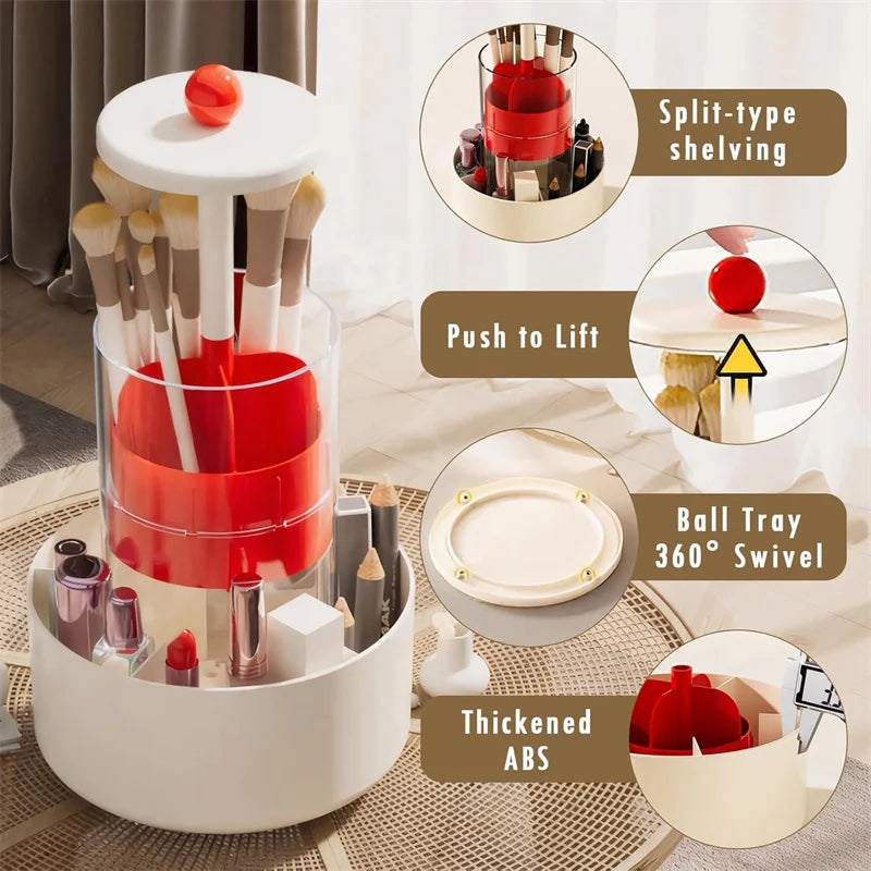 360° Rotating Makeup Brush Holder With Lid Automatic Lifting Dustproof Makeup Brushes Organizer Large Capacity Comestic Storage Vue