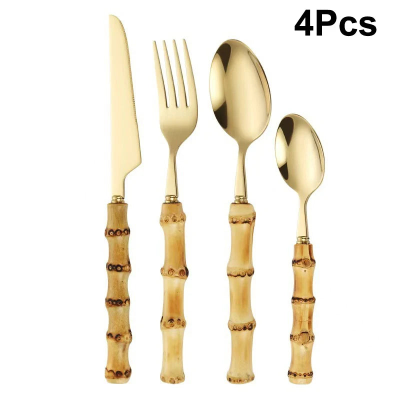 Long Handle Serving Spoon Fork Stainless Steel Gold Silver Bamboo Vue P4