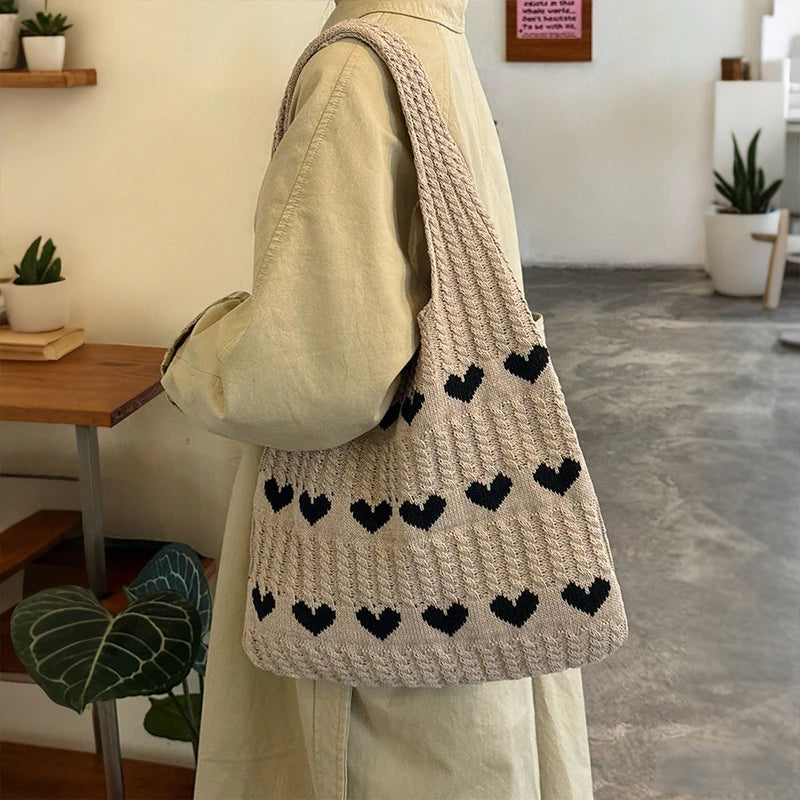 Knitted Love Pattern Tote Bag Stylish Woven Handbag Shoulder Women