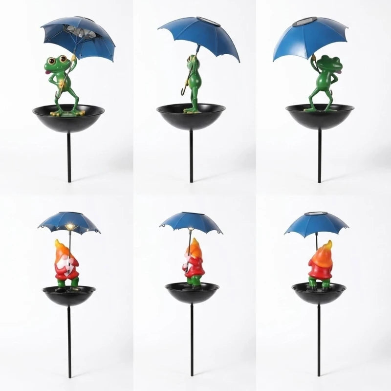 Solar Frog Bird Feeder with LED Light & Garden Ground Spike Solar Garden Ornament Vue